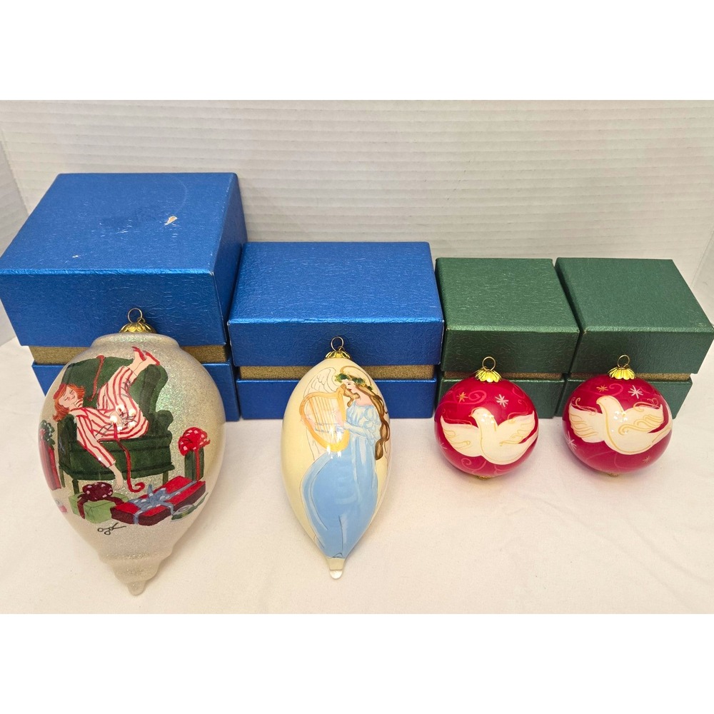 4 Pier 1 "Li Bien" 2015 Christmas Ornaments Hand Painted Reverse Original Boxes